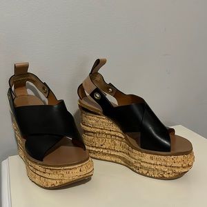 Chloe Black leather sandal wedges, cork wedge, size 39